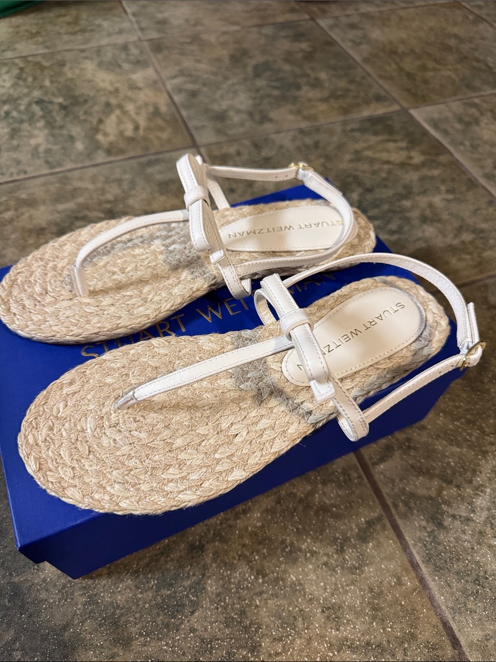 Stuart Weitzman White Braided Espadrille T-Strap Sandals